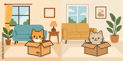 Cute Cats in Boxes: Cozy Living Room Illustration