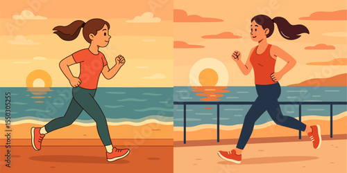 Two Female Runners Jogging by the Sea at Sunset in a Vector Illustration