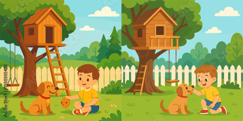 Boy Playing with Dog in a Park with Treehouse Design
