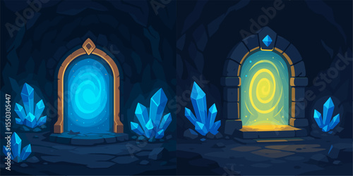Mystical Portal Illustration with Crystals in a Dark Cave Setting