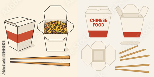 Vector Illustration of Chinese Takeout Box with Noodles and Chopsticks