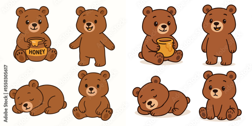 Fototapeta premium Cute Cartoon Bears with Honey Jars: Playful and Adorable Illustrations
