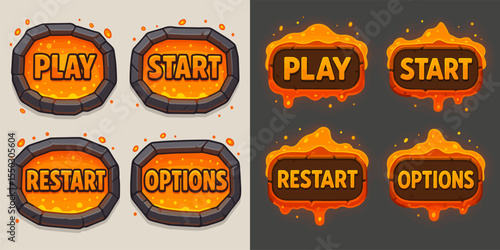 Colorful Game Buttons with Lava Effects for Adventure and Fantasy Themes