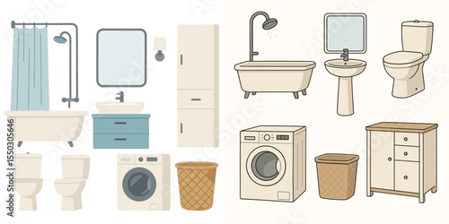 Stylish Bathroom and Laundry Room Illustrations in Vector Format