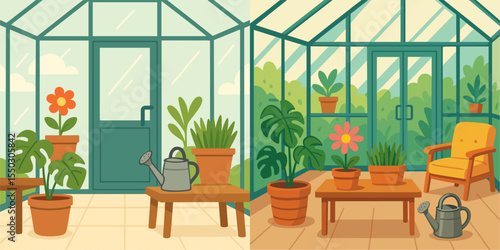 Cozy Greenhouse Interior with Lush Plants and Comfortable Seating
