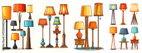 Variety of Colorful Table and Floor Lamps in a Charming Illustration
