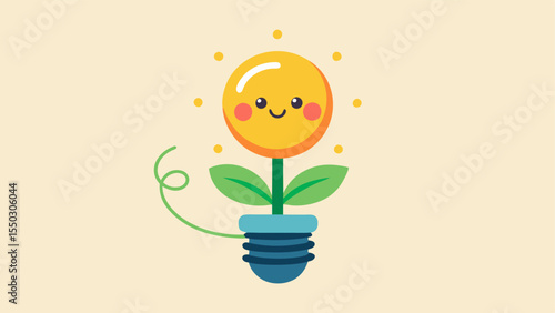 EcoFriendly Glow This illustration showcases a whimsical lightbulb with a smiling face. The filament shaped like a spiral transitions into the sprouting stems of a flowering plant.