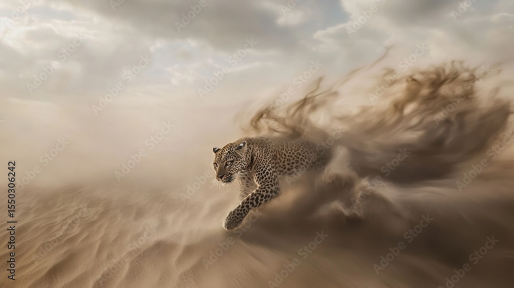 Obraz premium Leopard sprinting through swirling sand in a desert landscape during golden hour