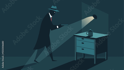 Flashlight in a Dark Room Inside a dimly lit room the detective shines a flashlight on a hidden compartment of a desk revealing another clue.