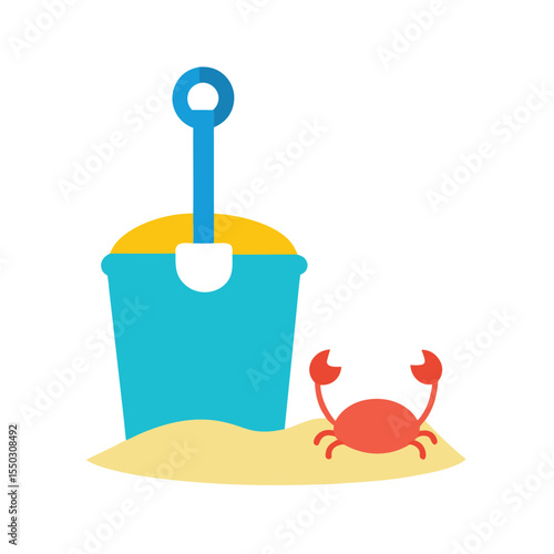 Bucket and spade in sand with tiny crab Vector illustration