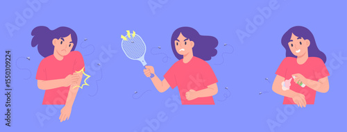 Set of woman protecting herself from mosquito bites to prevent dengue fever. Mosquito transmitted diseases like Malaria or Zika virus. Concept of Health care, mosquito prevention. Flat vector style.