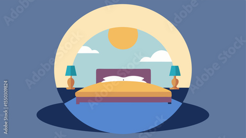 Bedroom Sphere A whimsical fisheye depiction of a serene bedroom. The circular perspective makes the bed appear puffy and oversized with pillows spilling into the foreground. A