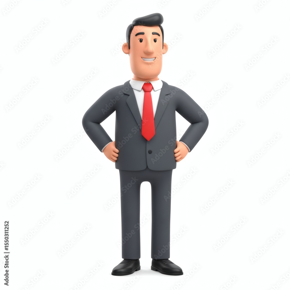 Fototapeta premium Confident Cartoon Businessman in Grey Suit with Red Tie Posing on White Background