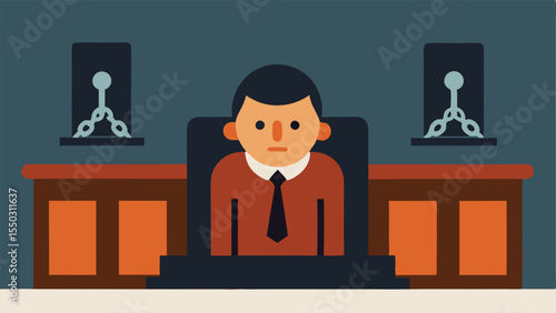 Defendant in the Dock An illustration of a defendant sitting in a dock looking concerned with shackles on the wrists while facing the judge and jury.