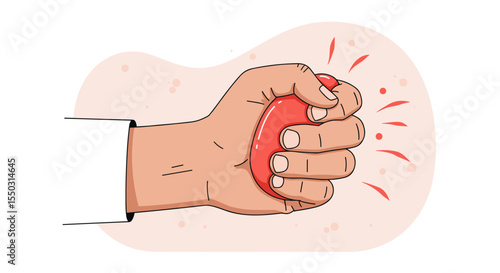 Hand squeezing red stress ball with motion lines indicating pressure  