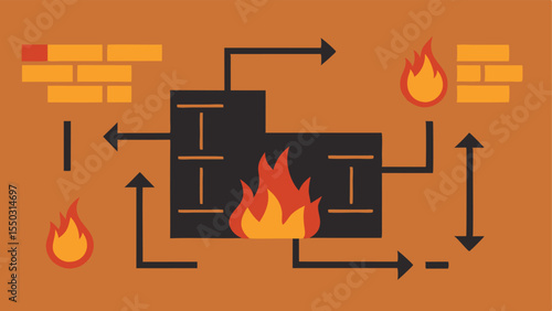 Burn Patterns A detailed depiction of burn patterns on the floor and walls with arrows pointing to areas of interest for analysis.