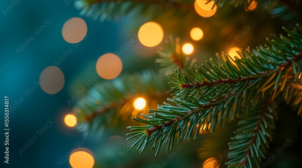 Close-up of a Christmas tree branch with warm bokeh lights, festive and magical winter mood. Close-up of a Christmas tree branch with warm bokeh lights, festive and magical winter mood.