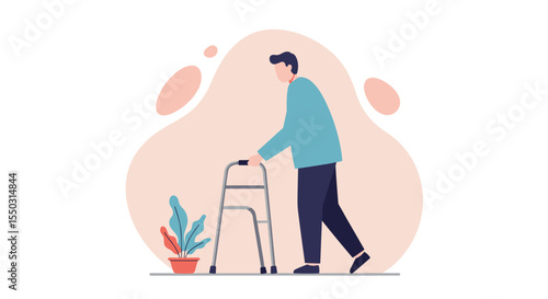 Man using walker for mobility, concept for healthcare, elderly support, and wellness resources
 