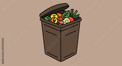 A brown compost bin overflowing with various food scraps and organic waste.