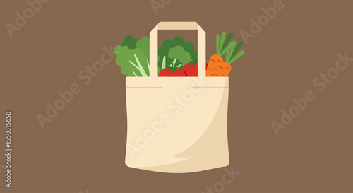 A reusable tote bag filled with fresh vegetables like lettuce, tomatoes, and carrots on a brown background.