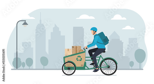 A delivery man rides a cargo bike with boxes through a city, promoting eco-friendly transportation.