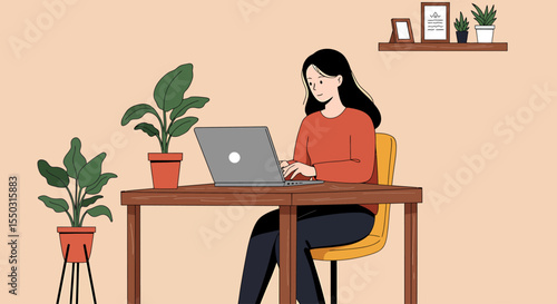 A young woman sits at a desk, working on a laptop in a home office setting.