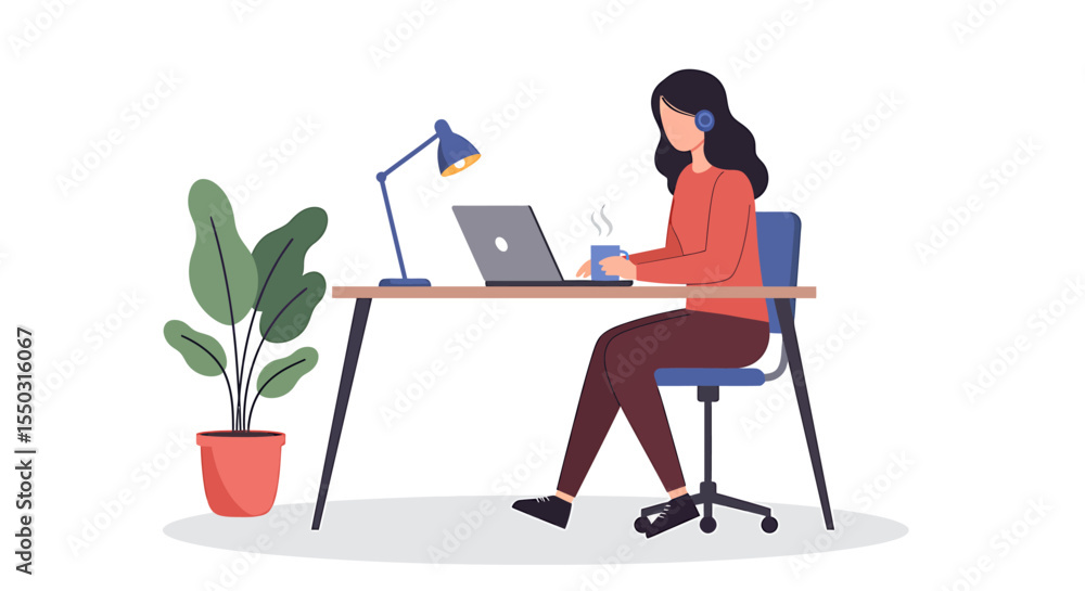 Woman working at a desk with a laptop and coffee. Woman working at a desk with a laptop and coffee.