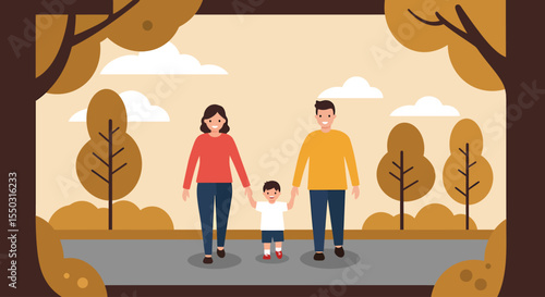 A happy family walks hand-in-hand along a path in an autumnal park.