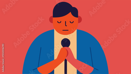 Body Language The suspect is shown with slumped shoulders and trembling hands conveying anxiety and guilt while speaking into the microphone.