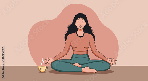 A woman meditates in the lotus position with a cup of tea nearby, exuding calmness and serenity.