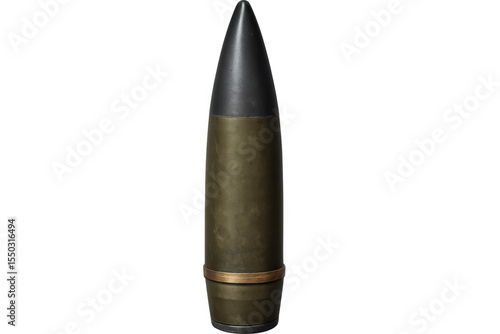 Large caliber tank shell standing on transparent background