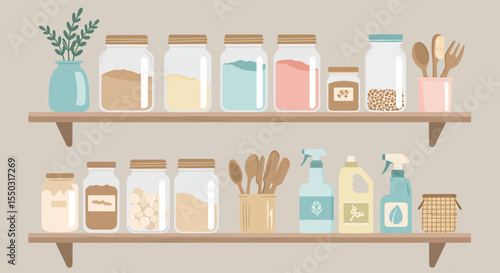 Two shelves filled with various glass jars, containers, and kitchen utensils, creating a stylized pantry or kitchen display.