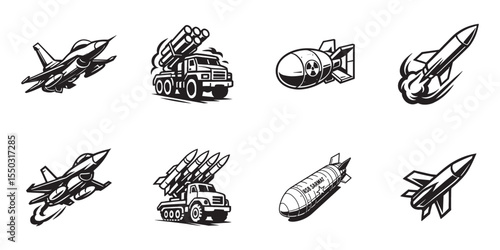 Black and white war equipment illustration set including tank fighter jet bomb and rocket launcher