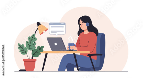 Focused Woman Working Remotely from Home Office Productivity, Telecommuting, and Online Work