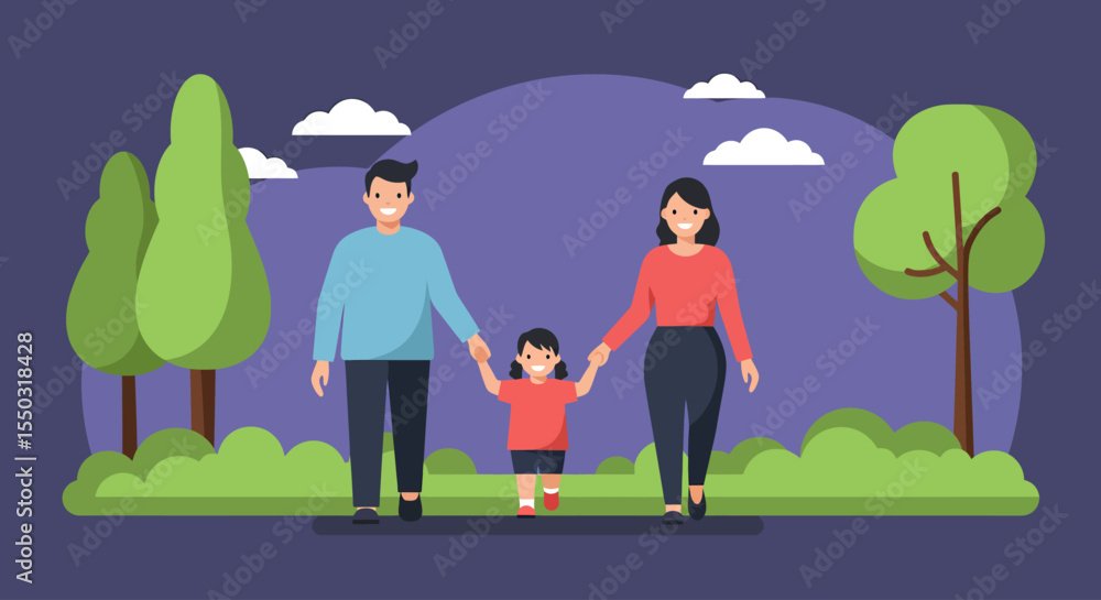 Naklejka premium Happy Family Enjoying a Walk in the Park Illustration of Parents and Child Spending Quality Time Outdoors