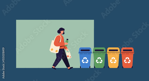 Sustainable Living Woman Recycling Plastic Bottles and Waste, Eco-Friendly Practices, Environmental Responsibility, Green Lifestyle Choices, Reduce Reuse Recycle