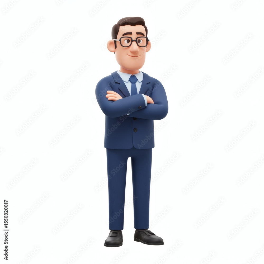 Confident Businessman in Blue Suit with Glasses Arms Crossed Isolated on White Confident Businessman in Blue Suit with Glasses Arms Crossed Isolated on White