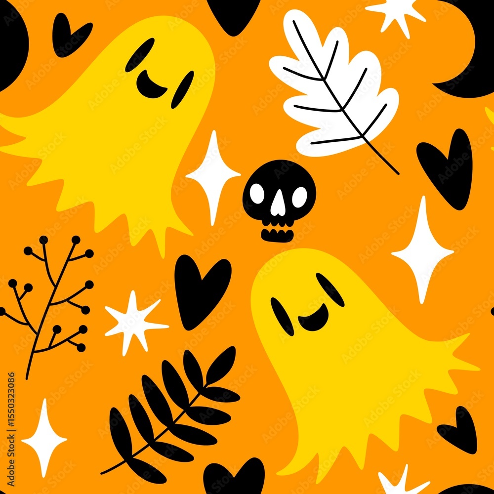 Naklejka premium Halloween ghost seamless cute cartoon pattern for wrapping paper and fabrics