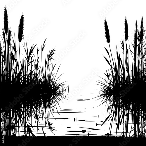 Swamp landscape with reeds and thick fog in silhouette style