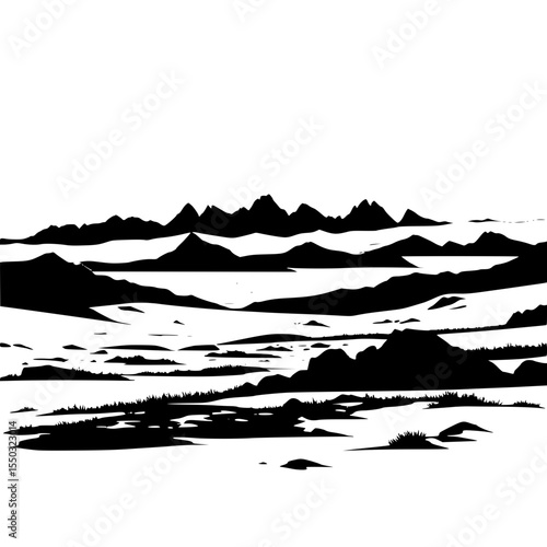 Arctic tundra with icy ground and distant silhouette hills