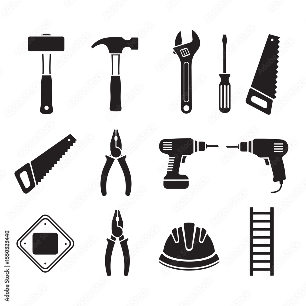 Obraz premium Collection of black construction and repair tools isolated on white background