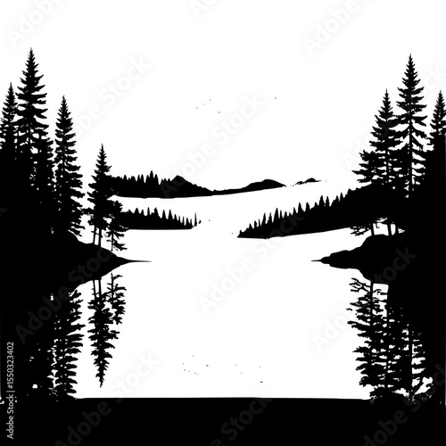 Foggy lake view with dense trees and mountains in silhouette style