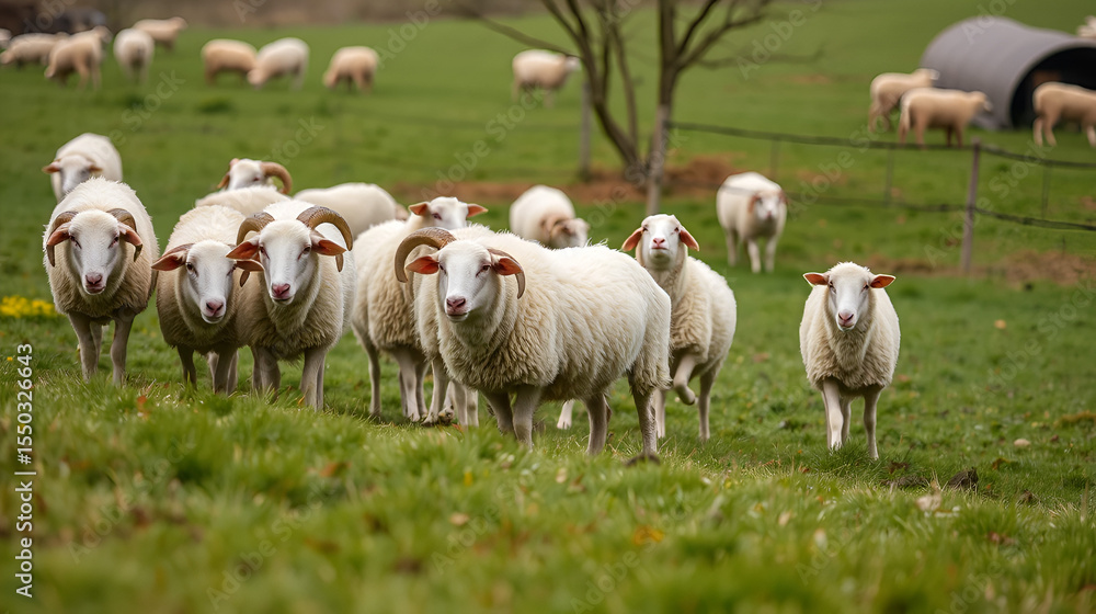 Obraz premium A flock of rams and sheep graze on an agricultural farm