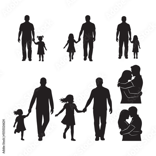 Silhouettes of a father holding his daughter s hand and a couple embracing isolated on white background