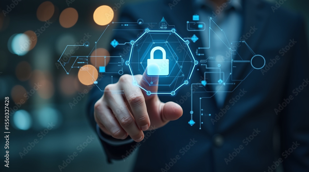 Fototapeta premium close-up hand touching floating lock icon on holographic interface, futuristic cyber touch screen, bokeh lights in background