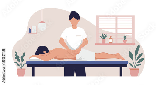 Massage therapist providing back treatment to client in wellness studio,  for healthcare sites and wellness promotional materials