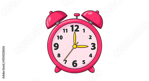 A pink alarm clock with bells showing the time at three o'clock on a black background illustration on transparent background
