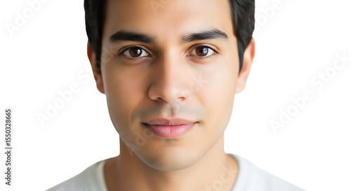 Close up portrait of a young man with brown eyes and dark hair looking directly at the camera smiling slightly on transparent background
