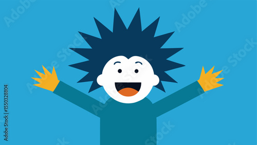 Character with Wild Hair An illustrated character with wild spiky hair that seems to bounce with joy. They are leaning back with their head tilted displaying a toothy smile and an
