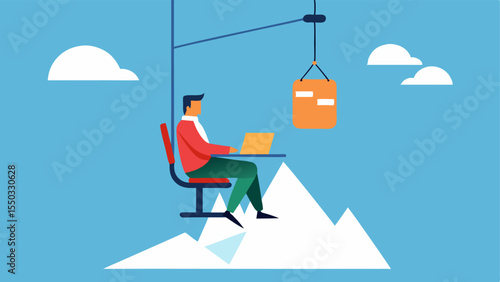 Desk Chair Ski Lift An imaginative scene where an employee is seated in an ergonomic office chair that has been transformed into a makeshift ski lift. The chair hangs from a